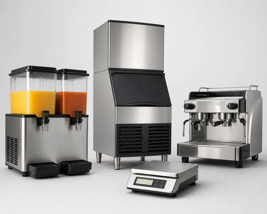 Equipamentos para bebidas: refresqueira, máquina de gelo, cafeteira profissional e balança