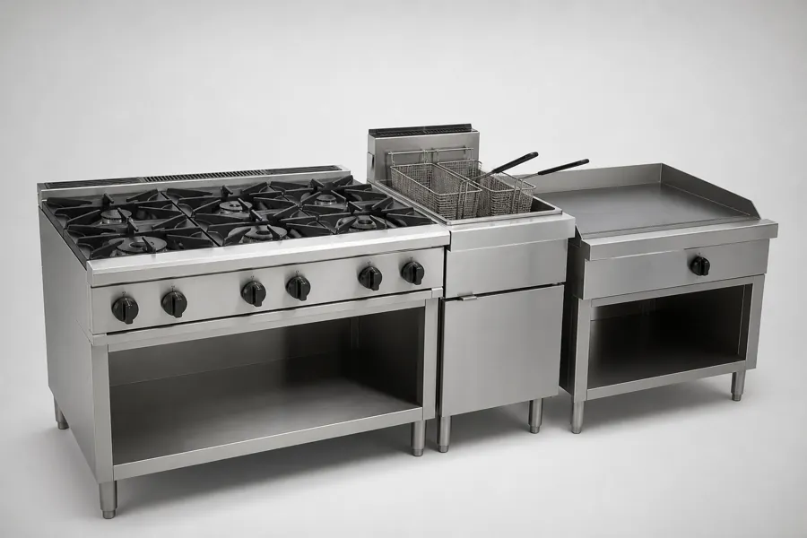 Equipamentos para cozinha industrial: fogão industrial de seis bocas, fritadeira e chapa em inox