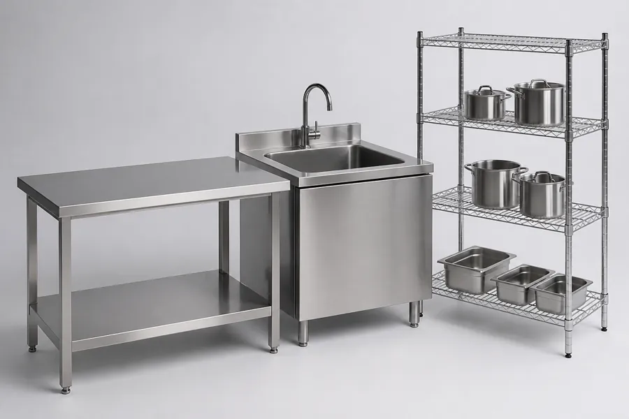 Móveis em inox: mesa inox com prateleira, pia com cuba e estante com utensílios