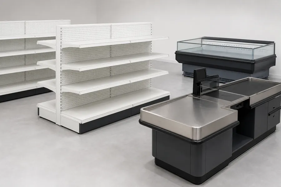 Equipamentos para supermercado: gôndolas, checkout e ilha refrigerada